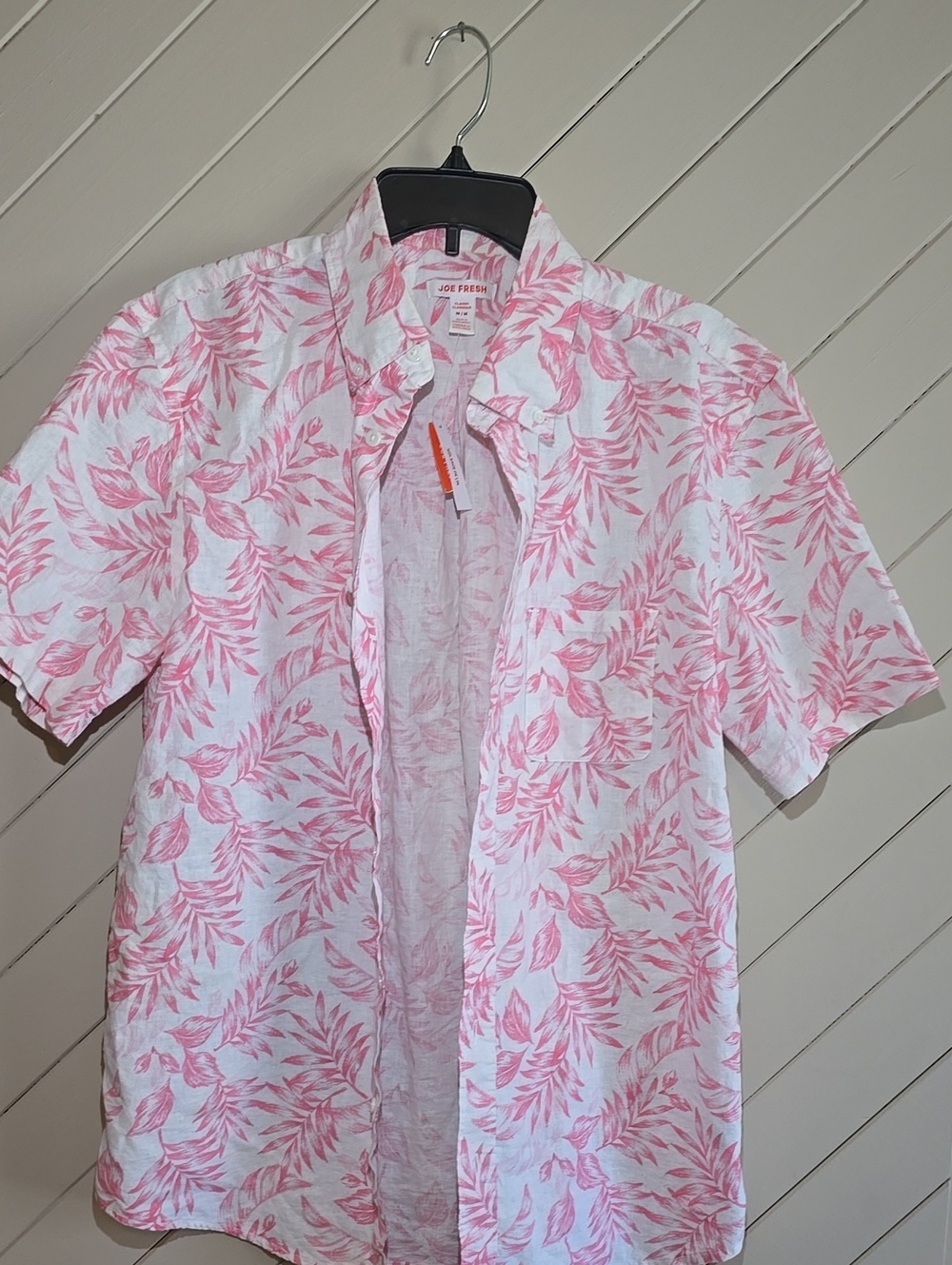 Mens White Short-Sleeve Button-Down with Pink Leaf Print Linen Blend